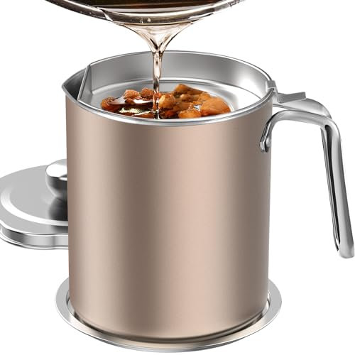 Chihee Aceite Colador Lata de grasa 2L Colador de alimentos Acero Inoxidable Contenedor de Aceite con colador de malla fina Tapa antipolvo Bandeja para almacenar Aceite para freír Grasa para cocinar