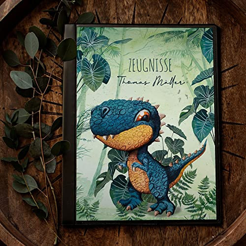 Zeugnismappe Hausaufgabenheft Hülle Dino TRex süßer T-Rex Dinosaurier personalisierbar Schulanfang Einschulung Wunschname Name zm11 - ausgewählte Größe: *Zeugnismappe 10 Folien*