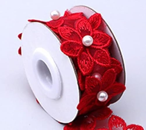 Yulakes 5 Yards Polyester Perlen Blumen bestickte Spitzenborte Spitzenband Spitzenbordüre Stoff, Spitze Blume Borte Nähzubehör Basteldekoration DIY handgefertigte (rot)