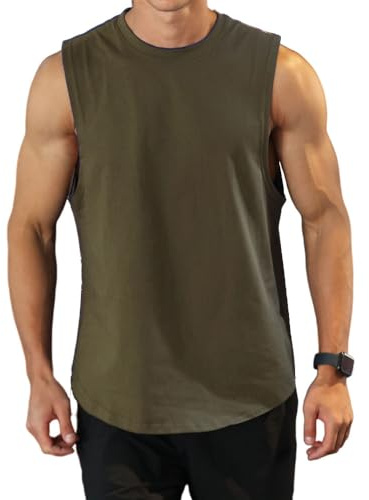 Men's Workout Bodybuilding Tank Tops Athletic Training Gym Shirts Vest Cotton Cut Off Sleeveless Muscle T-Shirt Army Green L