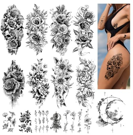 Temporäre Tattoos für Frauen, Blumen Rose Klebe Tattoo | Lotus Mond Fake Tattoo für Erwachsene, 3D Realistisch Sexy Schwarz Fake zum Aufkleben für Mädchen Damen