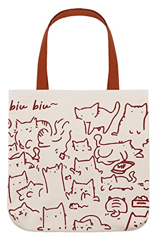Firtink Cat Tote Bag with Zip Cat Shopping Bag with Pocket (Beige Cats)