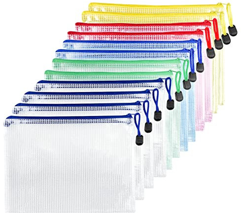 Fousenuk 12 Pcs Dokumententasche mit Reißverschluss A4, Wasserdichte Document Case, Mesh Plastic Zip Bag, Reißverschlusstasche, Zipper Pockets für Datei,Papier, Quittungen, Kosmetika, 5 Farben