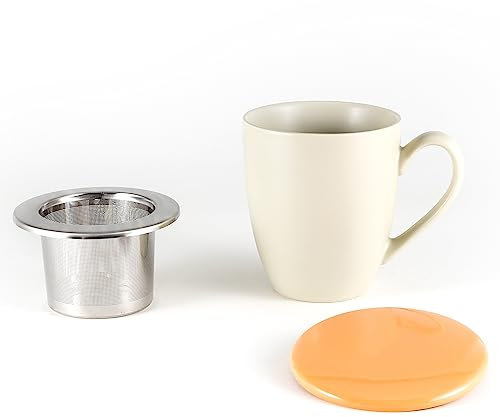 Hanseküche Tazza da tè con coperchio e colino - Tazza da tè XXL 600ml - Tazza da tè grande in ceramica - Tazza Jumbo - Tazza con coperchio, ceramica, filtro per tè, colino per tè (bianco crema)