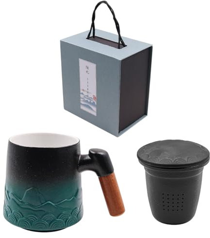 NUZAMAS Tasse à thé avec infuseur et couvercle, 450 ml, tasse à café avec poignée en bois, thé japonais fait à la main, émaillé au four en céramique, motif unique pour cadeaux - Noir et vert