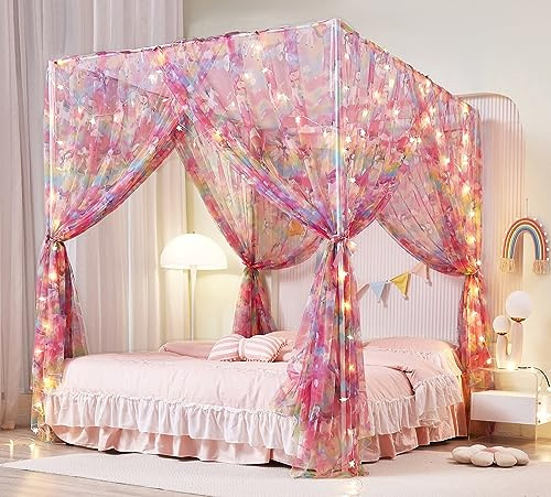 Mengersi Einhorn-Betthimmel für Mädchen, Bettvorhang mit Lichtern, Netz, Prinzessinnen-Himmel für Mädchenzimmer, für Twinsize-Bett, extra groß