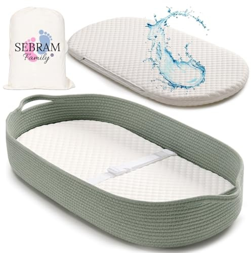 SEBRAM Wickelkorb Baby – Handgefertigte Wickelauflage mit Liebe, Wasserdichte Matratze und Tragetasche | Sicher & Schön fürs Babyzimmer – Farbe: Grün