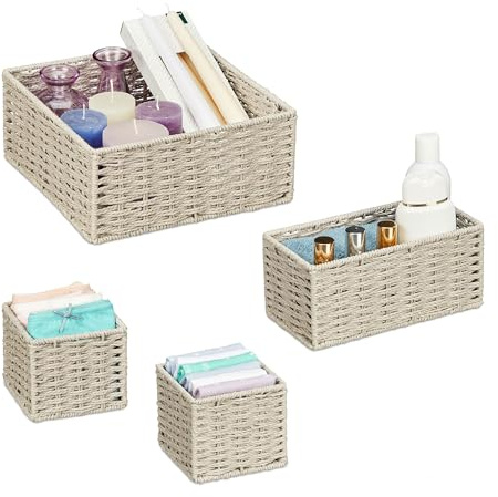 Relaxdays Aufbewahrungskorb geflochten, 4er Set, 3 Größen, Badezimmerkorb, Schrank & Regal, Papierseil, Dekokörbe, grau
