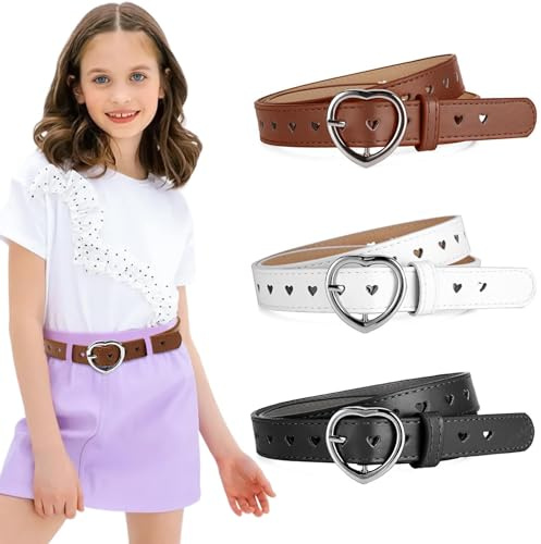 3 Stück Kindergürtel für Mädchen Kids Elastic Belt Heart-Shaped Schwarz Verstellbare Herz Schnalle Kamelfarbener Taillengürtel Weiß Herzform Gürtel Teenager Mädchen Elastische Gürtel für 6-12 Jahre