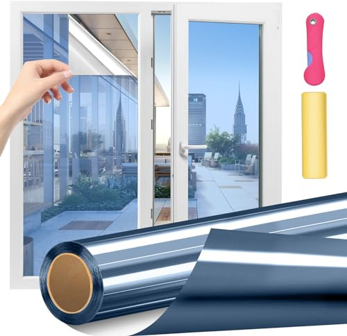 Rigidstone UV-Schutz Sonnenschutzfolie Fenster innen 40x200cm Spiegelfolie Fenster Sichtschutz Selbstklebend Wärmeschutzfolie Fensterfolie für Büro und Haus, Blau
