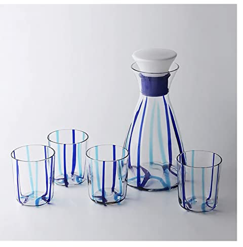 Water Pitcher Glass Cold Kettle with 4 Cups Clear Cold Water Jug Juice Beverage Pitcher Home Drinkware Water Bottle Sets with Lid Iced Tea Pitcher(Color:Blue)