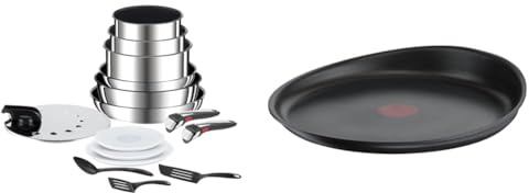 Tefal Ingenio, Batterie de cuisine 15 pièces, Induction, Acier inoxydable, Revêtement antiadhésif & Ingenio Poêle à crêpe 27 cm, Induction, Revêtement antiadhésif, Fonte d'aluminium, Empilable
