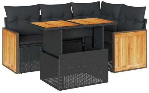 vidaXL Set Divani da Giardino 5 pz con Cuscini Nero Polyrattan Acacia