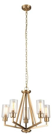 Licht-Erlebnisse Kronleuchter mit Schirm Glas Metall H: max. 253,4 cm B: 61,1 cm in Messing E27 Modern Lüster Hängeleuchte Esszimmer Pendelleuchte Wohnzimmer