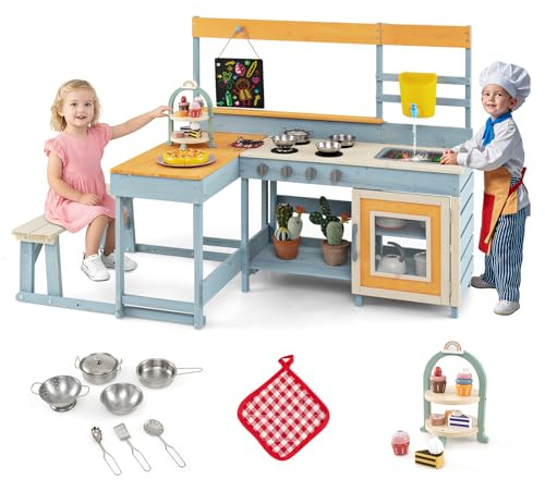 Costzon 2-in-1 Mud Kitchen & Kids Picnic Table, Fir Wood Kids Kitchen Playset with Seat, Wooden Tea Party Set, Cooking Accessories, Blackboard, Outdoor Play Kitchen, Gift for Girls Boys Ages 3+