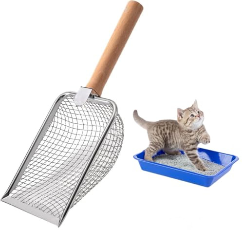 Nokwocy Paletta per lettiera per Gatti, Paletta per lettiera con Manico in Legno, Paletta per lettiera in Metallo a 4mm di porosità, Paletta per lettiera per Gatti (Wood)
