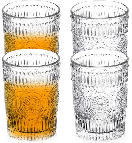 GOMETY 4er Set Trinkgläser, 380ml Vintage Gläser Wasser, Transparent Wassergläser für Wasser Getränk Cocktail Tee Saft Limo, Tumbler Gläser spülmaschinenfest für Zuhause Büro Bar