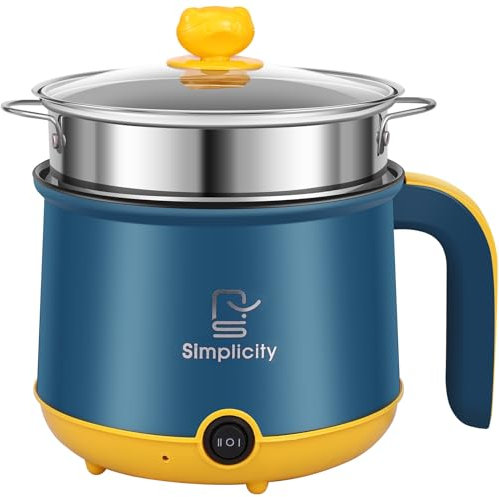 Electric Hot Pot Cooker Multifunctional Portable Non Stick Mini Cooker with Steam Rack 2 Gear Rapid Heating Boil Simmer Dry Protection for Ramen Noodles Soup Home Travel Gifts(Blue double layer)