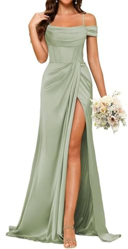 YIANN Robe de demoiselle d'honneur en satin style sirène pour femme avec fente, col bénitier, bretelles spaghetti - Longue robe de bal, vert sauge, 34