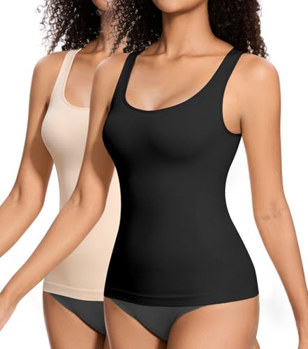 ONEW Dam slimfit undertröja bekväm magkontroll formande linne formande kompression bärtopp bekväm kroppsformare 2-pack (svart + beige), Svart + beige, XL