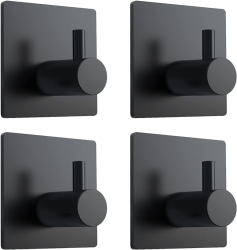 RQzaufania 4er-Pack Selbstklebende Haken, max 5 kg Tragkraft, Klebehaken, Edelstahlhaken für Küche, Bad, Türen, Wände (schwarz, Quadratische Unterseite)