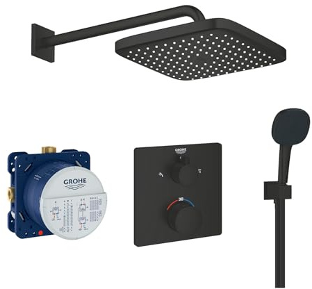 Grohe Duschsystem Unterputz mit Duscharmatur Grohe schwarz GSK02 | Duscharmatur von Grohe Grohtherm Thermostat Armatur und Grohe Regendusche Duschkopf eckig, Dusch-SET schwarz matt
