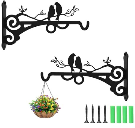 Odreddin 2Pcs Heavy Duty Hanging Basket Brackets, Outdoor Wall Mounted Plant Hooks for Garden, Lantern, Bird Feeder, Wind Chime - Rust-Resistant Black Steel Hangers with Screws