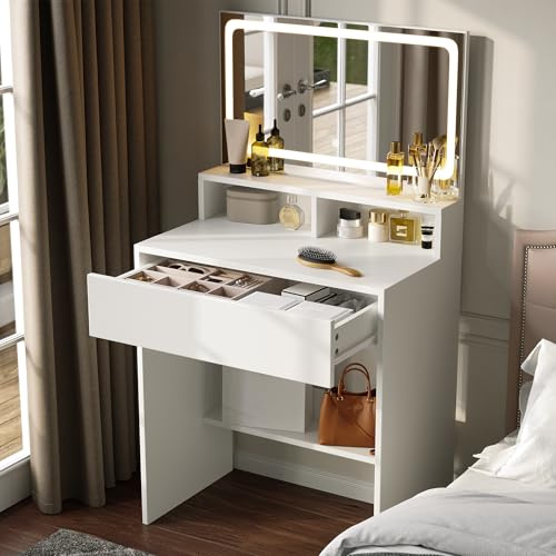 Dowinx Small Vanity Desk with Mirror and Lights, Small Makeup Vanity Desk with LED Lighted Mirror, Makeup Table with 3 Lighting Modes & Adjustable Brightness, Dressing Table for Women Girls Bedroom
