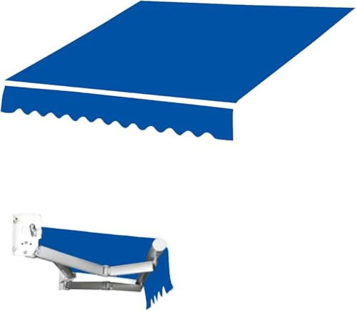 Toldo retráctil para patio al aire libre con protección UV, mango manual de manivela, diseño sin marco, incluye cenefa azul de 3 x 2,5 m, solución de parasol