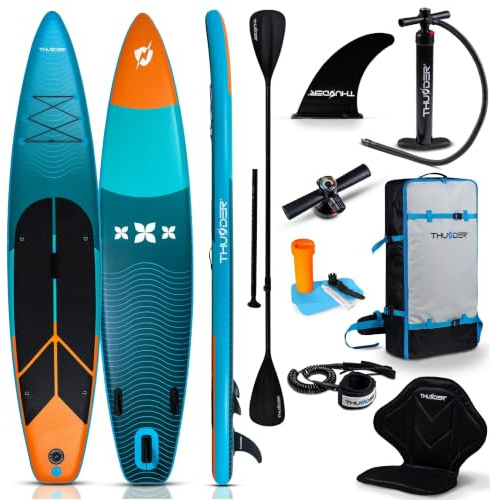 THUNDER uppblåsbar SUP-bräda 365 cm med kajaksits – Stand up paddle-board-set med pump, paddel och ryggsäck – Touring-SUP för vuxna och nybörjare upp till 150 kg (TURKOS/ORANGE)