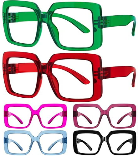Eyekepper Confezione da 6 occhiali da lettura con filtro luce blu, occhiali da donna, montatura quadrata e lenti grandi, cerniera a molla senza viti e metalli, occhiali UV antiriflesso.