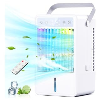 Climatiseur Mobile Ultra-Silencieux, Mini Refroidisseur d'Air USB avec Télécommande - 5 Vitesses Ajustables & 3 Modes, Minuterie 2-10H, LED RGB 7 Couleurs, Refroidissement Rapide avec Réservoir 1500ml