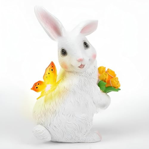 Syfunlv Figurines de Lapins Solaires,Décoration de Jardin avec Papillon,Lapin de Pâques de Statues D'extérieur avec Lampe Solaire,22,5cm,pour Décoration D'intérieur,Terrasse,Cour,Balcon (Blanc)