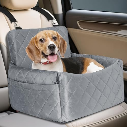 Asiento de coche para perros pequeños y medianos, 45 x 40 x 34 cm, lavable, cómodo asiento de coche para perro, con bolsillos de almacenamiento y cinturón de seguridad, cesta para perros para asiento