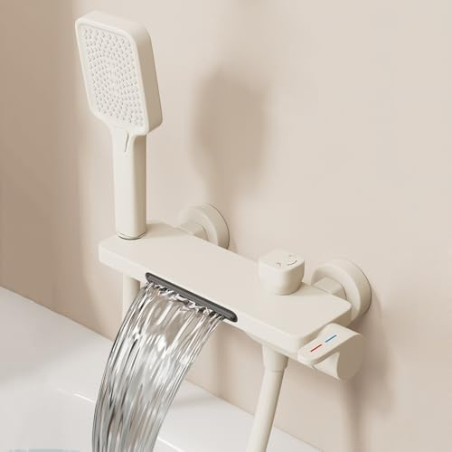 Wasserfall Badewannenarmatur mit 3 Strahlarten Handbrause Einhebelmischer Wandarmatur Dusche Aufputz,Milch Weiß