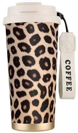 KHDKLXOHZ Leopard Pattern Print 16 Oz(500ml) Travel Mug with Leakproof Lid and Straw, Insulated Coffee Cup, Double Wall Vacuum Stainless Steel Thermal Mug for Hot and Cold Drinks