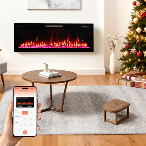 HOMAVO 50 Zoll Elektrokamin, 1000W/2000W Elektrokamin mit Heizung, 12 3D-Flammenfarben, 12 Holzfeuerfarben, Wand/Einbaukamin, Fernbedienung & App-Steuerung