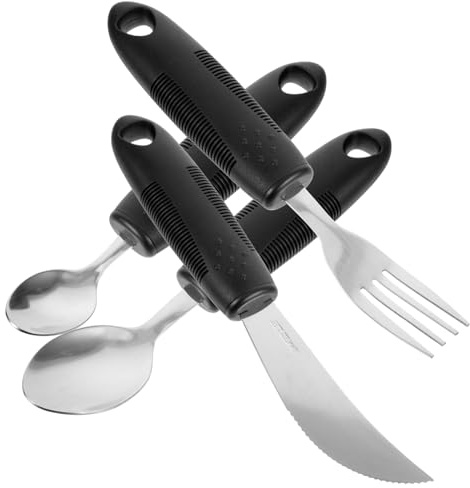 Vajilla Adaptable Antideslizante 1 Juego de Acero Inoxidable Negro | Mango Fácil de Agarrar, Uso Sencillo de Mano, Cubiertos para Personas Mayores y Pacientes
