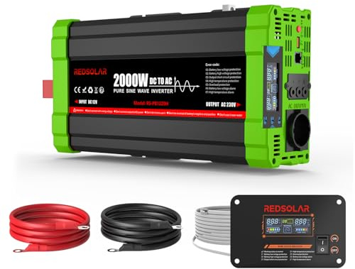REDSOLAR Inverter 2000W 12V 220V/230V Onda Sinusoidale Pura con Display LCD, Porta USB, Presa EU e Pannello Remoto con Cavo da 7 metri, Picco 4000W – Ideale per Auto, Camper e Grandi Elettrodomestici