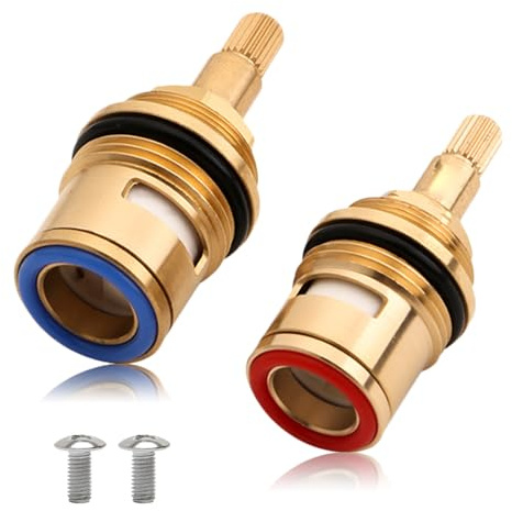 2Pcs 3/4 Mixer Tap Cartridge for Bathroom Kitchen, 1/4 Turn 20 Teeth Replacement Ceramic Tap Cartridges Valve Solid Brass Ceramic with Screws (1 Pair Hot & Cold)