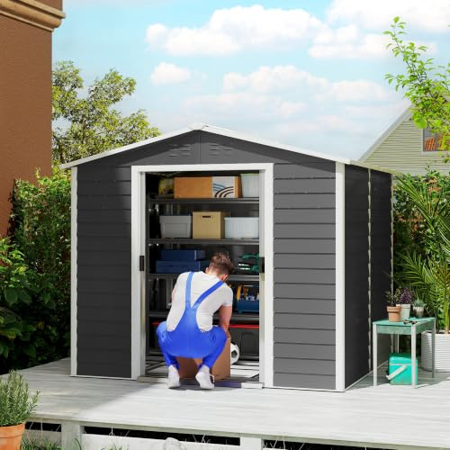 Outsunny Caseta de Jardín Exterior Metálica 4,4 m² 240x206x198 cm Gris | Cobertizo de Jardín, Base Refuerzo (Suelo NO Incluido), Puerta Corredera con Cerradura, 4 Ventanas Patio