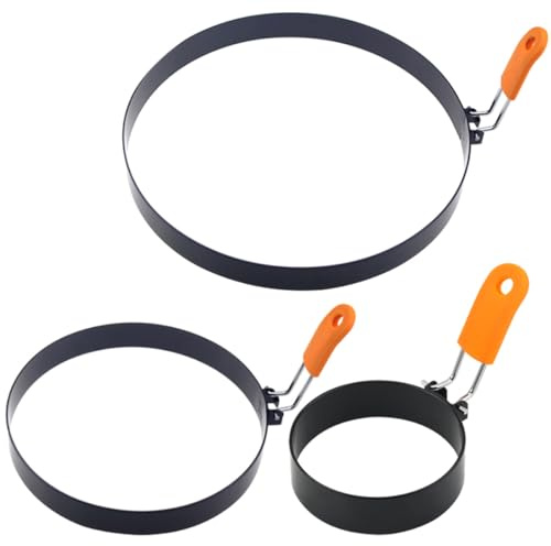Veemoon 3 Anillos para Freír Huevos Redondos de Acero Inoxidable Mango de Silicona Naranja (4, 6 y 8), Moldes Antiadherentes para Tortillas y Panqueques, Utensilios de Cocina