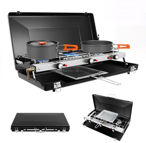 TONFEION Réchaud à gaz de camping à 3 brûleurs avec plaque de cuisson et couvercle, portable pour bouteille de gaz, 4,5 kW, pliable, idéal pour les barbecues, les fêtes