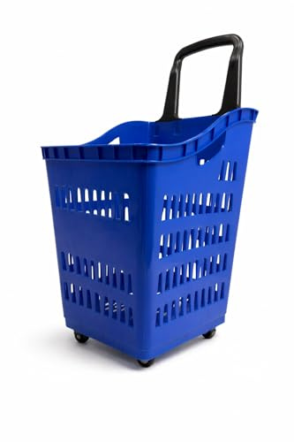 68L Shopping Trolley Basket with Wheels – Heavy Duty Plastic Supermarket Basket with Pull Handle – Rolling Retail Shopping Basket for Stores & Supermarkets (Pack of 1) (Blue)