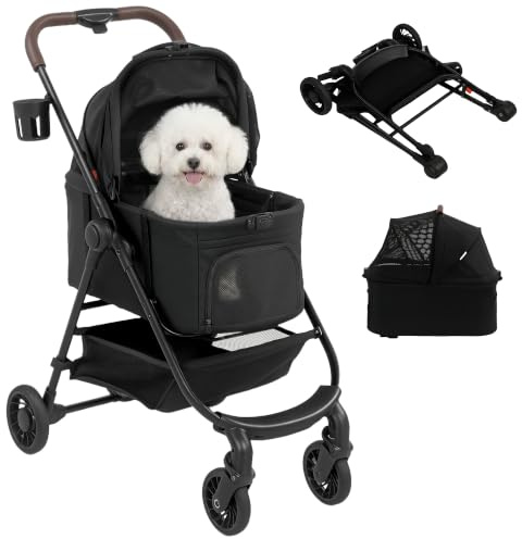 PawHut 3 in 1 Pet Stroller with Detachable Travel Carrier Car Seat Black | Dog Cat Stroller, 4 Wheels Dog Pram Pushchair, Storage Basket, Seat Leashes, Mesh Window, Cupholder, for Small Puppy