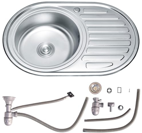 Melko Spülbecken Edelstahlspüle Rundbecken Einbauspüle 77x50 cm mit Siphon | inkl. Ablaufgarnitur, Ablage links, Anti-Kondensbeschichtung, rostfrei und pflegeleicht, hygienisch, für moderne Küchen