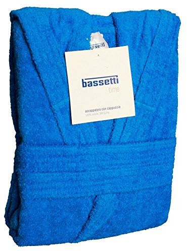 Bassetti Nuovo Accappatoio 100% Spugna di Puro Cotone Tinta Unita Lungo con Cappuccio e Tasche Altamente Assorbente Uomo Donna Unisex S-5XL (XL, Azzurro)