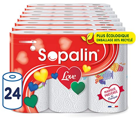 Sopalin Love – 24 Rouleaux de Essuie-tout cuisine, 47 Feuilles par Rouleau, Double épaisseur, Décoré, Texture en forme de Cœur, Blanc