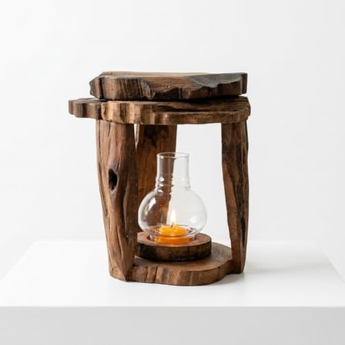 Wurzelholz Windlicht aus Teak mit Glasaufsatz – handgefertigter Teelichthalter aus Holz, ca. 25 x 19 x 19 cm, Deko Windlicht in Dunkel