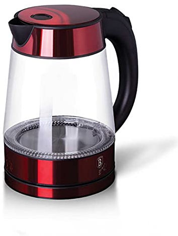 Berlinger Haus, Bouilloire en verre électrique, Collection Burgundy, Base rotative à 360 °, Protection sèche bouillante, s'éteint automatiquement, Lumière LED bleue, 1,7 L